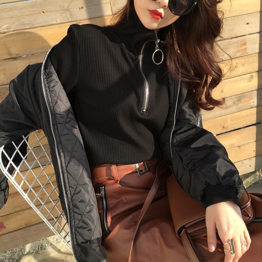 Black Turtleneck with Ring Zipper Details